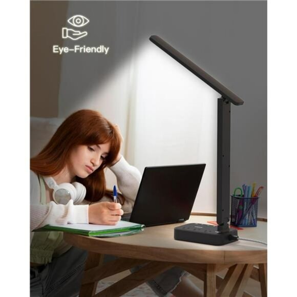 LED desk lamp with USB charging ports power strip adjustable brightness for offi - Picture 5 of 8